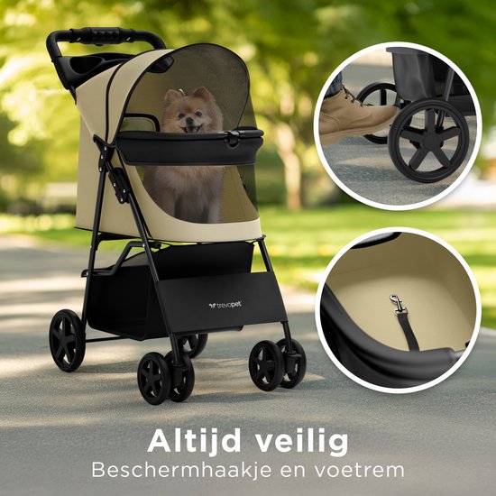 TrevoPet® Zusammenklappbarer Hundekinderwagen - Für kleine und mittelgroße Hunde bis 15 kg - Kinderwagen mit Becherhalterung und großem Aufbewahrungskorb - Beige