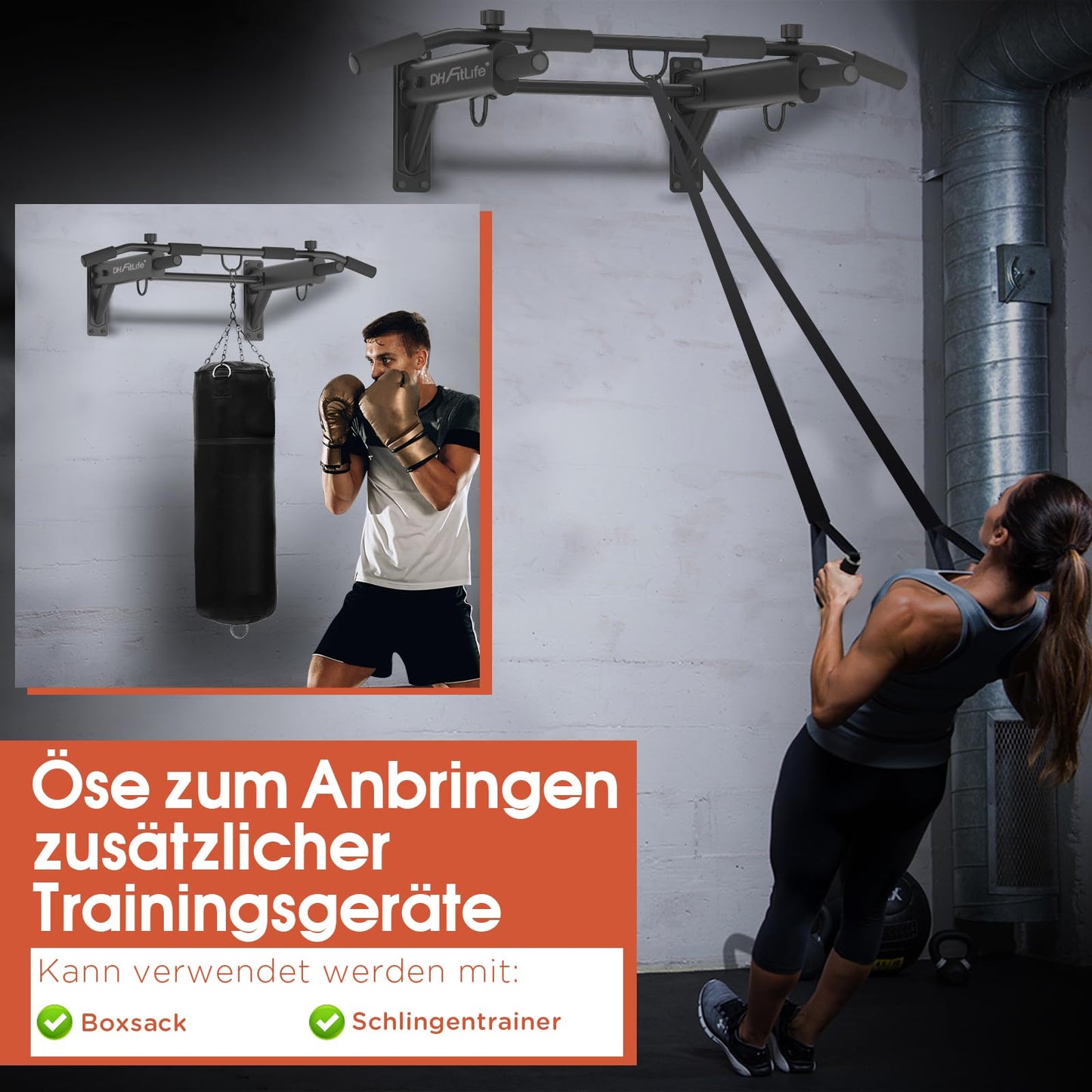 DH FitLife Klimmzugstange – 4-in-1 – Wandmontage – 200 kg – 100 x 26 cm – Schwarz