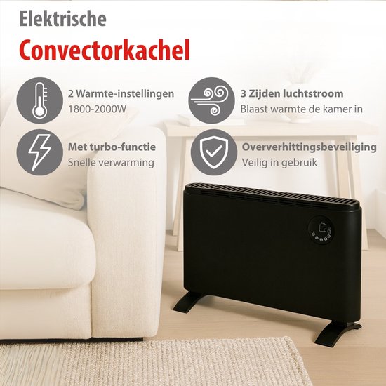 alpina Elektroheizung 2000 W – Elektrische Konvektorheizung – Heizgerät mit einstellbarem Thermostat und 3 Heizstufen – Freistehend oder zur Wandmontage – Schwarz