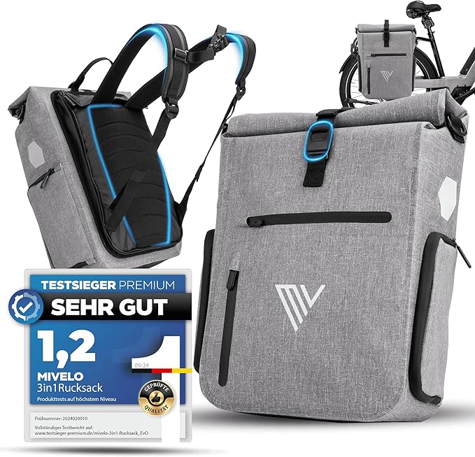 MIVELO Pannier - 3-in-1-Rucksack & Umhängetasche - Wasserdicht - 25 Liter - Grau