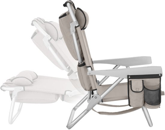 tectake® Beach Chair Coral - faltbarer Campingstuhl mit Kühltasche und Aufbewahrungstasche - 5-fach verstellbare Rückenlehne mit Kopfkissen - breite Armlehnen mit Becherhalter / Telefonhalter - faltbarer Campingstuhl - Beige