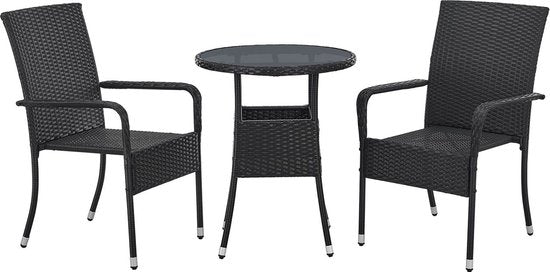 Juskys Polyrotan Gartentisch / Beistelltisch / Balkontisch Yoro - Rund - 60 cm - Schwarz - Inkl. Glasplatte