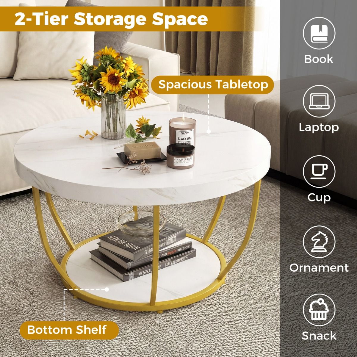Coast Runder Couchtisch – 2 Ebenen – Metallgestell – weiß – 80 x 45 cm
