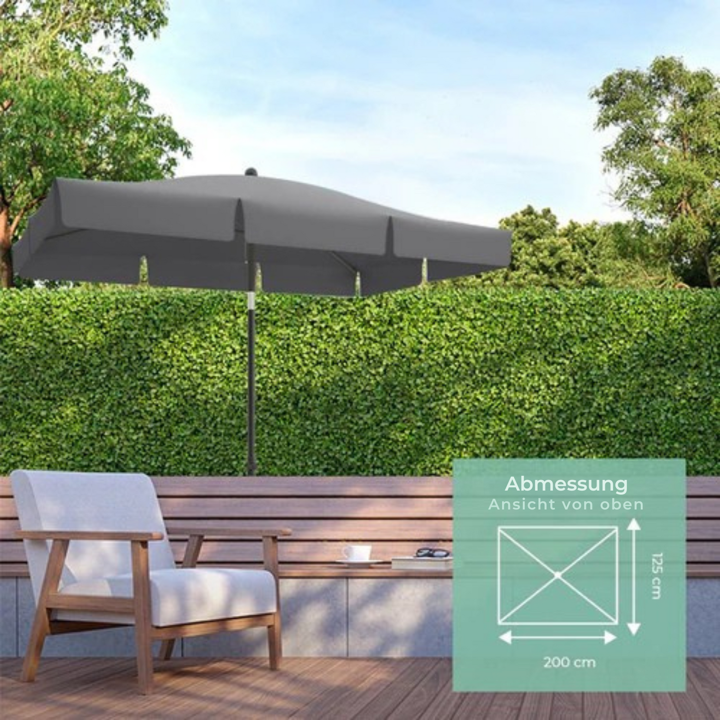 LifeGoods - Sonnenschirm - 200x125cm - 30° neigbar - Wasserdicht - mit Bezug - Grau