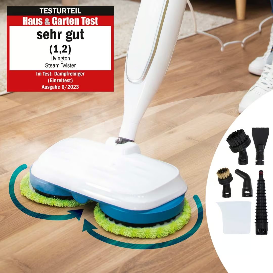 Livington Steam Twister Dampfreiniger – Rotierender Reinigungskopf – 3-stufige Dampfregulierung – inklusive Zubehör