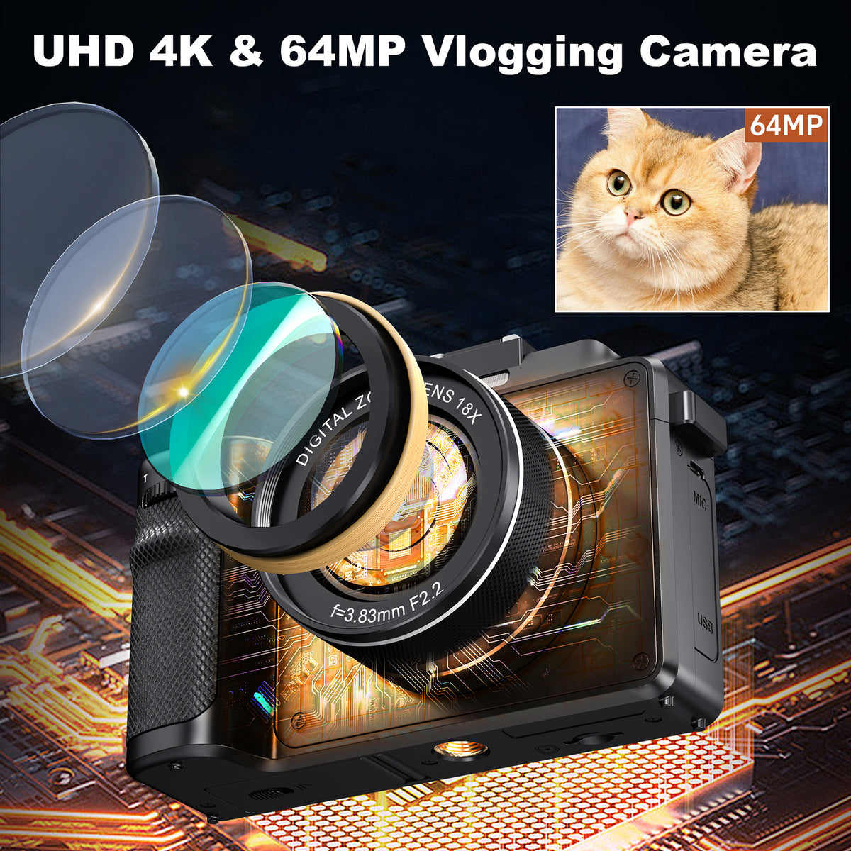 KOMERY X9 digitale 4K-Kamera – 64 MP – schwarz