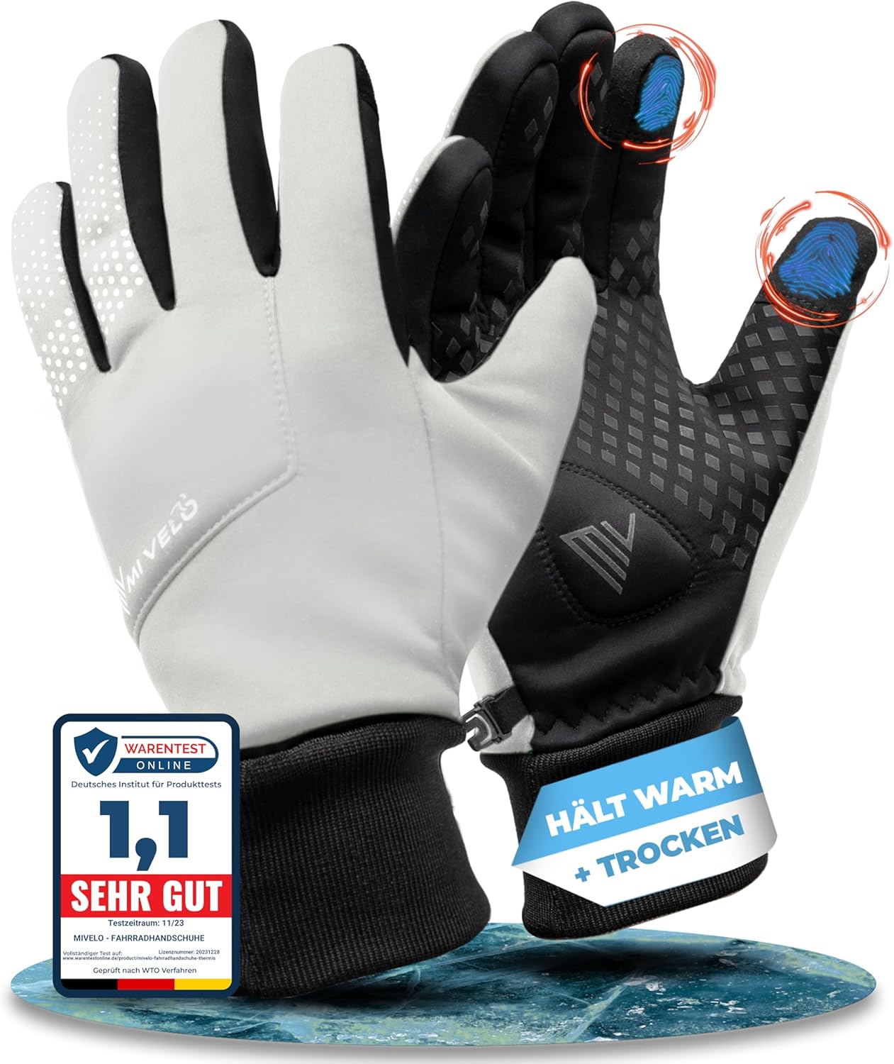 MIVELO Cycling Handschuhe VELORIDER - Wind- und wasserdicht - Funktioniert mit Touchscreens - Reflektierend - Größe S