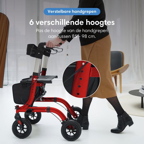 Safe Life® Rollator - Leicht und faltbar - Sitzfunktion - Für den Innen- und Außenbereich - Rückenlehne und Gehstockhalterung - Rot