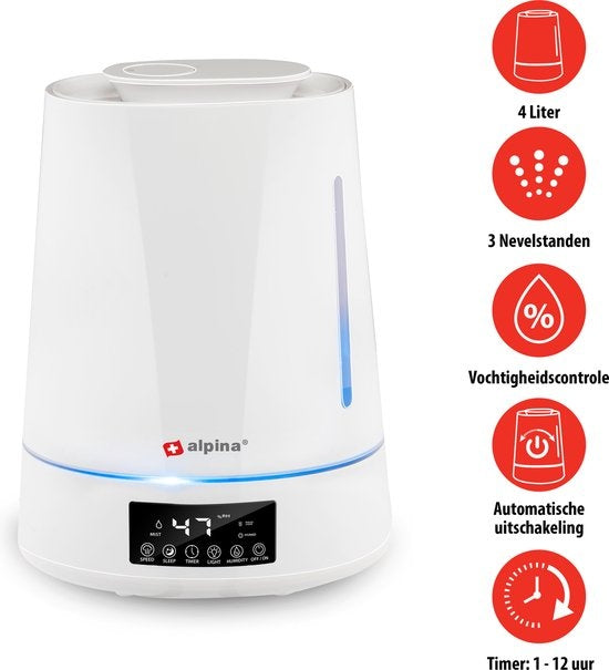 alpina Luftbefeuchter 4L - Luftbefeuchter - Aroma Diffusor mit Timer - Fernbedienung - Weiß