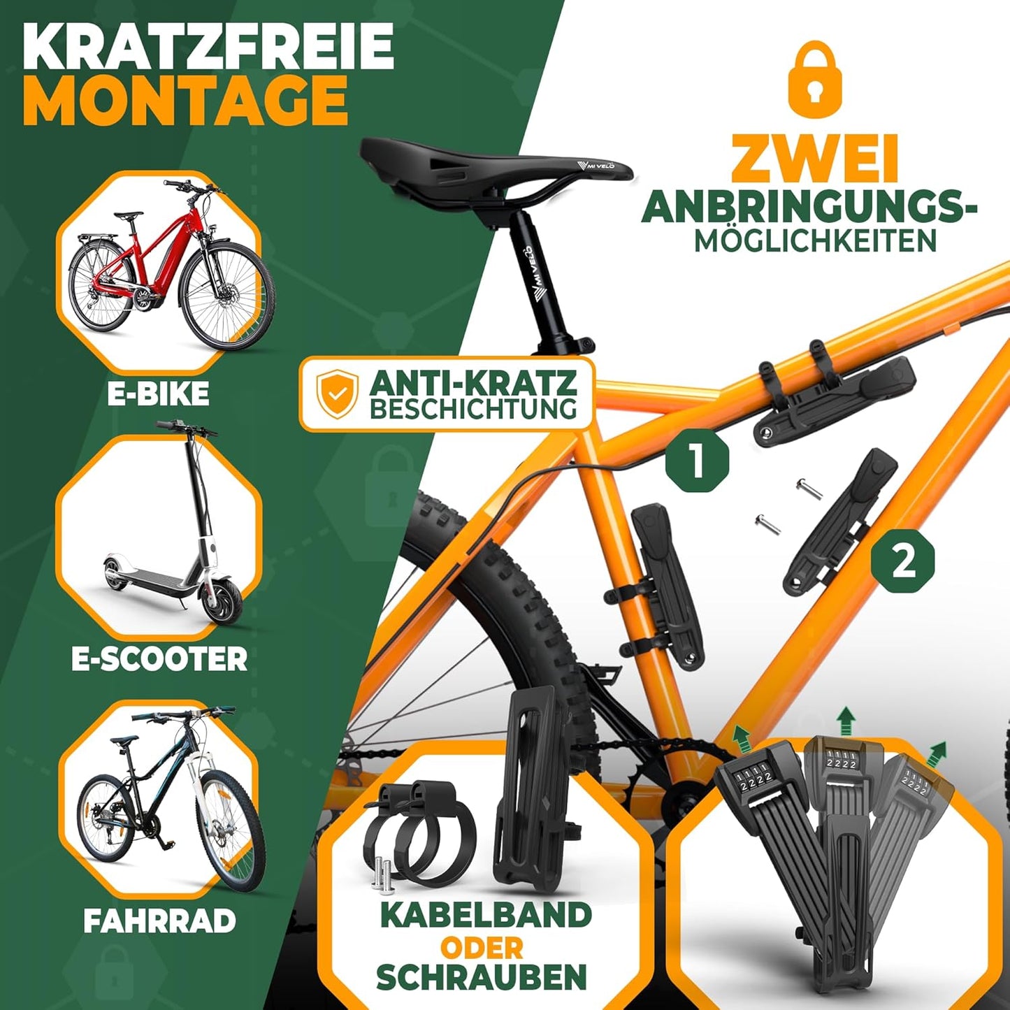 MIVELO Fahrradschloss - faltbar - mit Geheimfach für AirTags - 90 cm lang - robuster Stahl - 19,5 x 7 x 4 cm