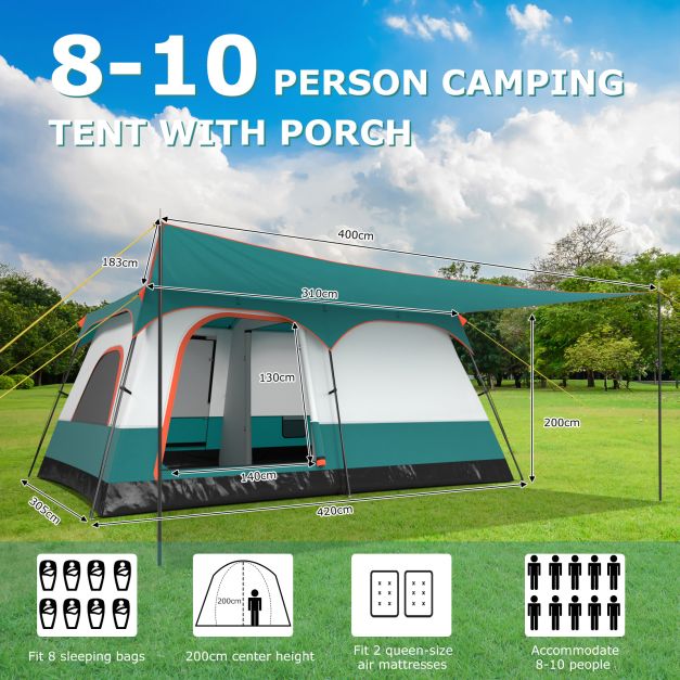 Costway Campingzelt - Für 8-10 Personen - 420 x 305 x 200 cm - Blau/Grün