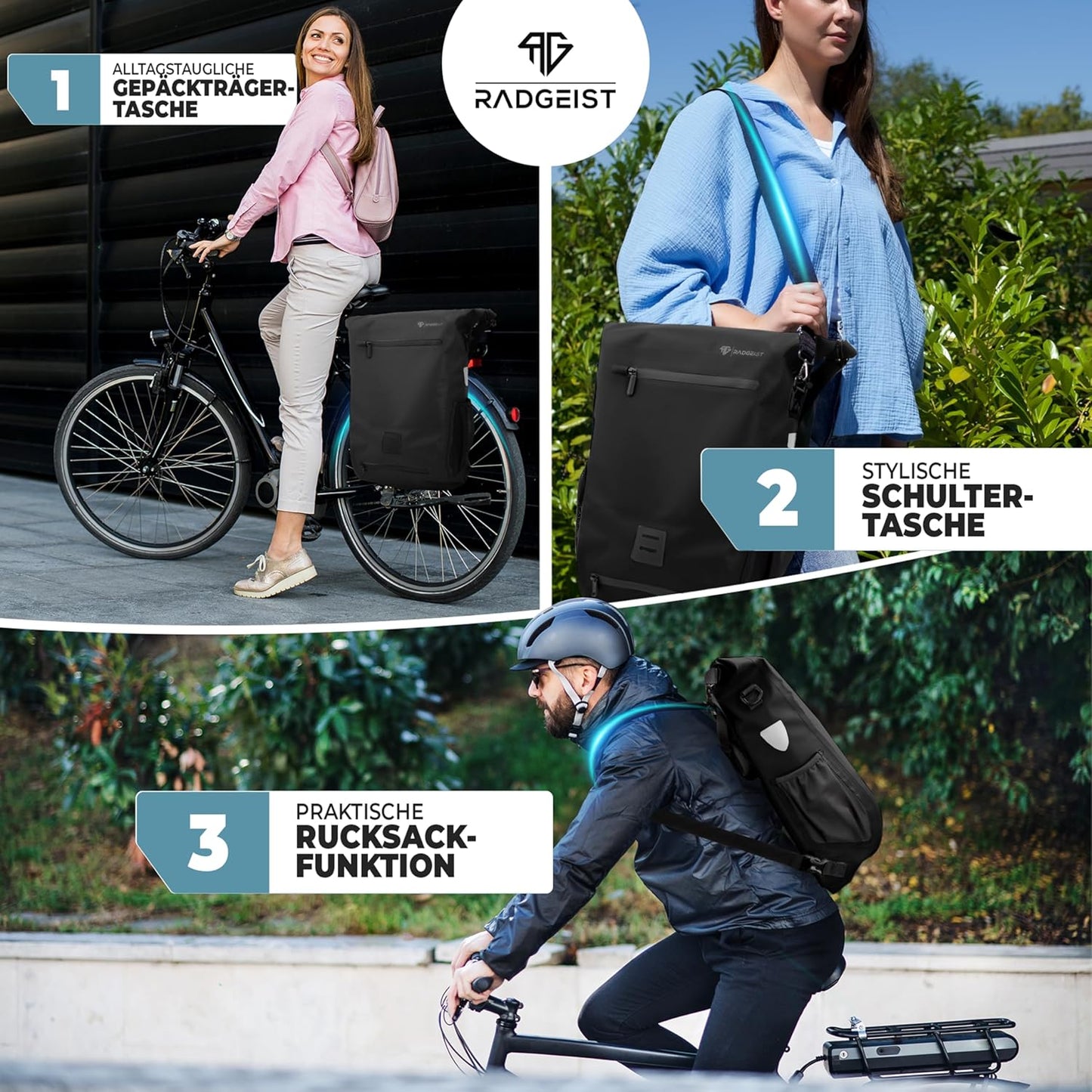 RADGEIST 3 in 1 Fahrradtasche - Für Gepäckträger - 18-22L - 100% wasserdicht - Schwarz