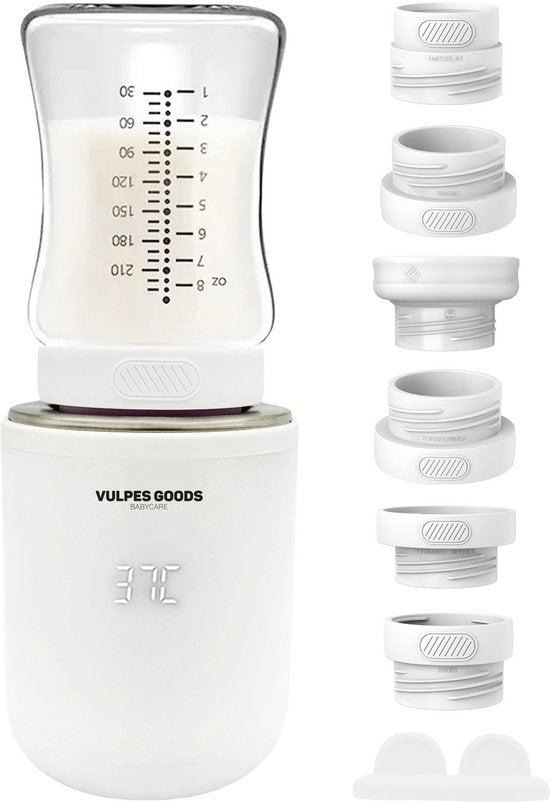 Vulpes Goods® BabyCare Flaschenwärmer Pro Max- Tragbar - Intelligent - 4 Temperaturstufen - Kabellos - Inklusive 6 Adapter - USB Wiederaufladbar - 13.200 mAh - Weiß
