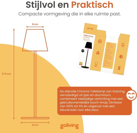 Goliving Chroma Tischlampe Wiederaufladbar - Kabellos und dimmbar - Touch Lampe - Nachtlampe Schlafzimmer & Wohnzimmer - RGBW - 37,5 cm - Schwarz