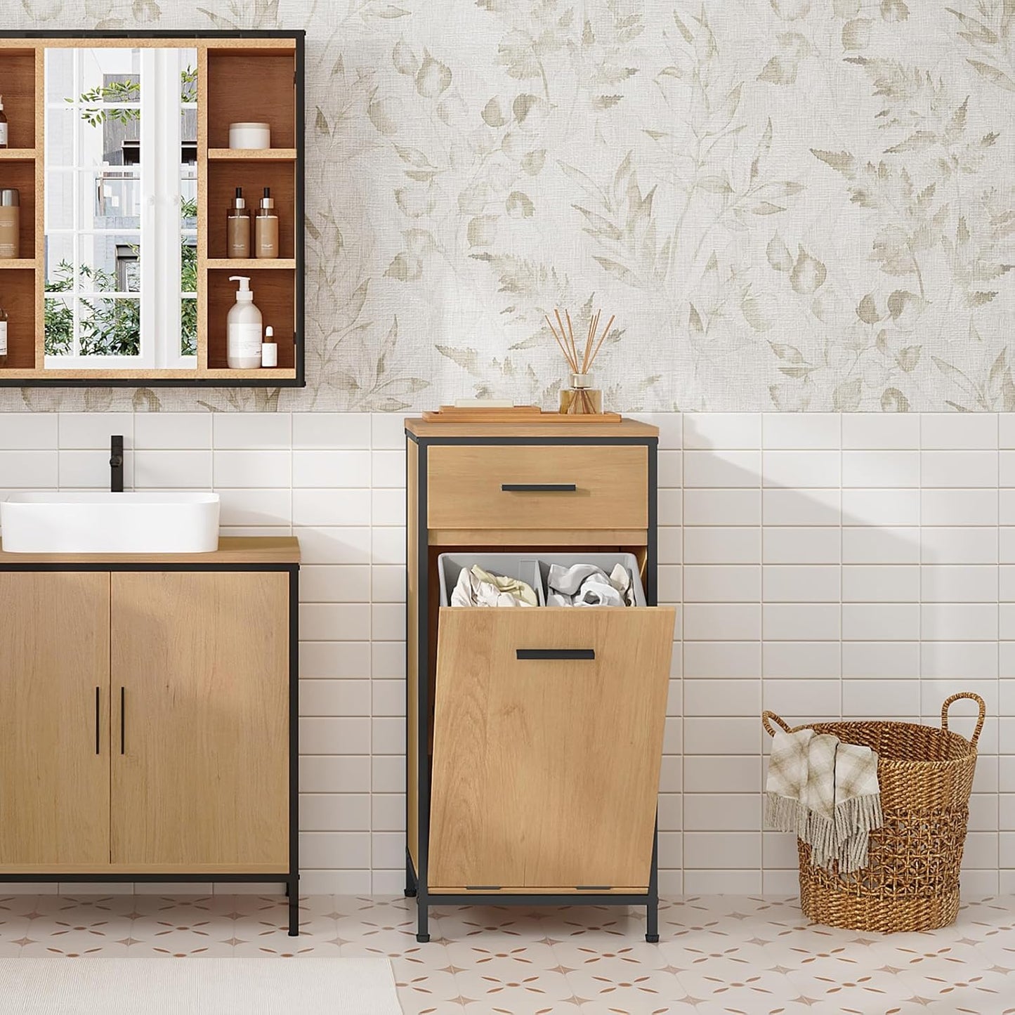 Eugad Badezimmerschrank mit Schublade und Wäschebeutel – Helles Eiche – 38 x 34 x 80 cm