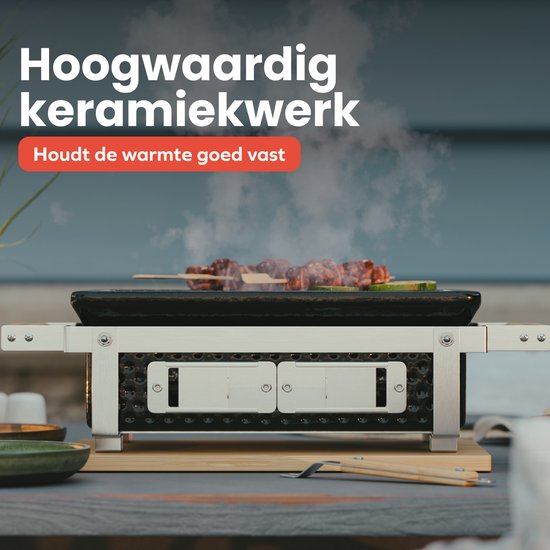 KitchenBrothers Kamado Hibachi Grill - PFAS frei - mit Grillrost und Stöcken - Holzkohlegrill - Shichirin Tischgrill - Rechteckiger BBQ - Keramikgrill - Schwarz