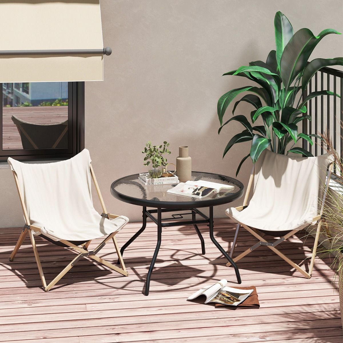 Coast Runder Beistelltisch für den Außenbereich – Tischplatte aus gehärtetem Glas – Sonnenschirmloch 4,2 cm – Schwarz 70 x 70 x 45,5 cm