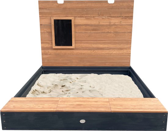 AXI Mandy Sandkasten XXL mit Stauraum und Deckel – mit Bank und Kreidetafel – inklusive Bodenplane – 160 x 151 cm – Anthrazit/Braun