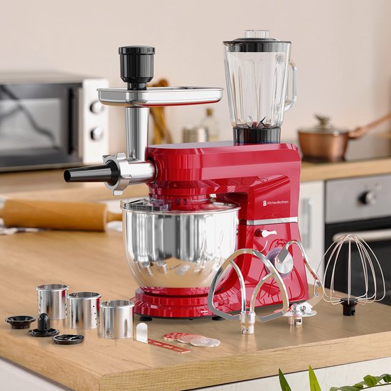 KitchenBrothers Küchenmaschine - 6-in-1 Küchenroboter - 1500W - mit Fleischwolf, Mixer und 15 Zubehörteilen - 6,2L Schüssel aus Edelstahl - Rot
