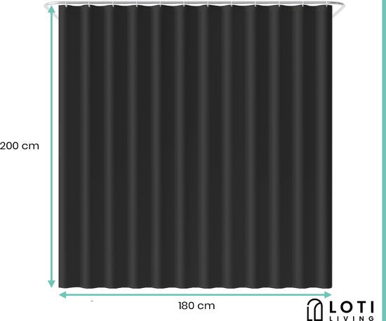 Loti Living Duschvorhang Anti-Schimmel - Schwarz - Ringe inklusive - Wasserdicht - Polyester - Duschvorhang 180x200 cm
