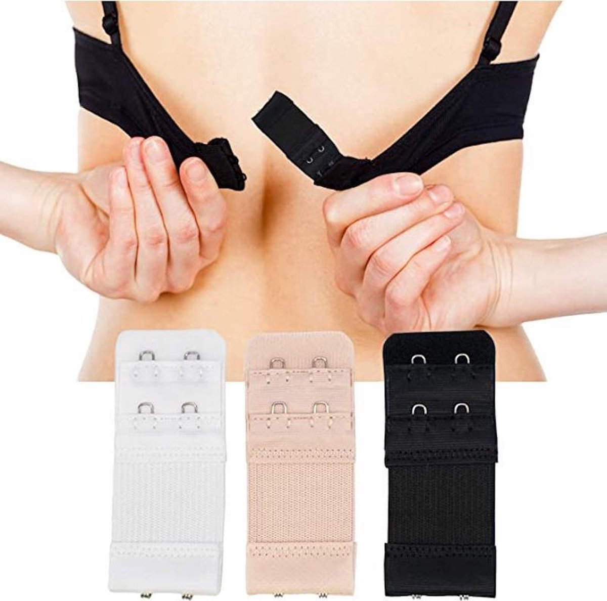 BH-Verlängerungsstück mit 2 Haken, 3er-Pack, elastisch, schwarz, 3,3 × 8 cm