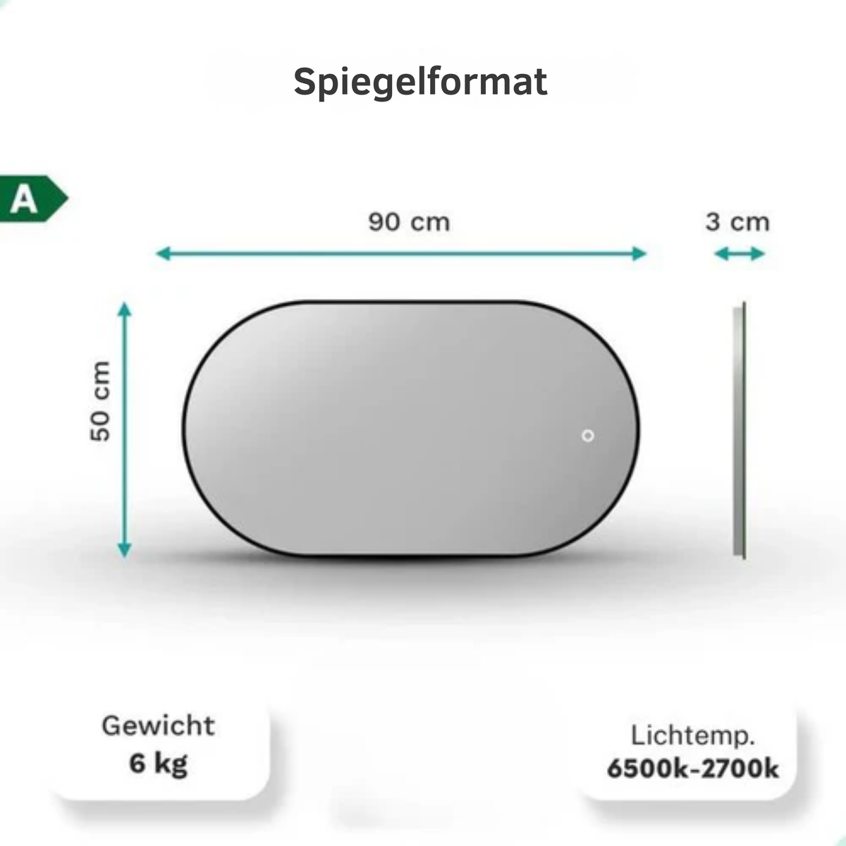 Mirlux Badezimmerspiegel - Mit LED-Beleuchtung & Heizung - Wandspiegel Oval - Anti-Kondensations-Duschspiegel - 90x50CM - Schwarz