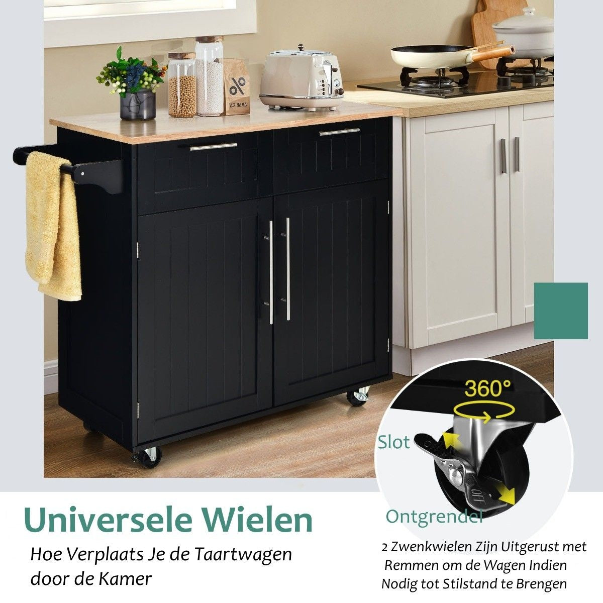 Coast Küchenwagen - mit Rollen - Schubladen und Schränke - 94 x 45,5 x 94,5 cm - schwarz