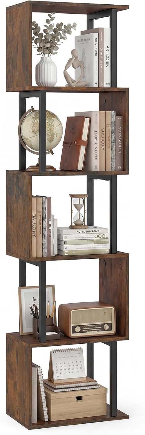 Coast Bücherregal – 5 Einlegeböden – geometrisches Design – schwarz/rustikales Braun – 38 x 23 x 147 cm