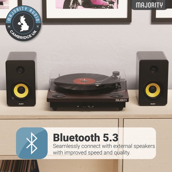 Majority Moto Plattenspieler - Bluetooth - kabelloses Musikstreaming - Audio Technica AT3600L Element - überragendes Hörerlebnis - USB und AUX - schlankes Design - Präzisions-Tonarm - benutzerfreundliche Bedienelemente - eingebaute Lautsprecher - schwarz