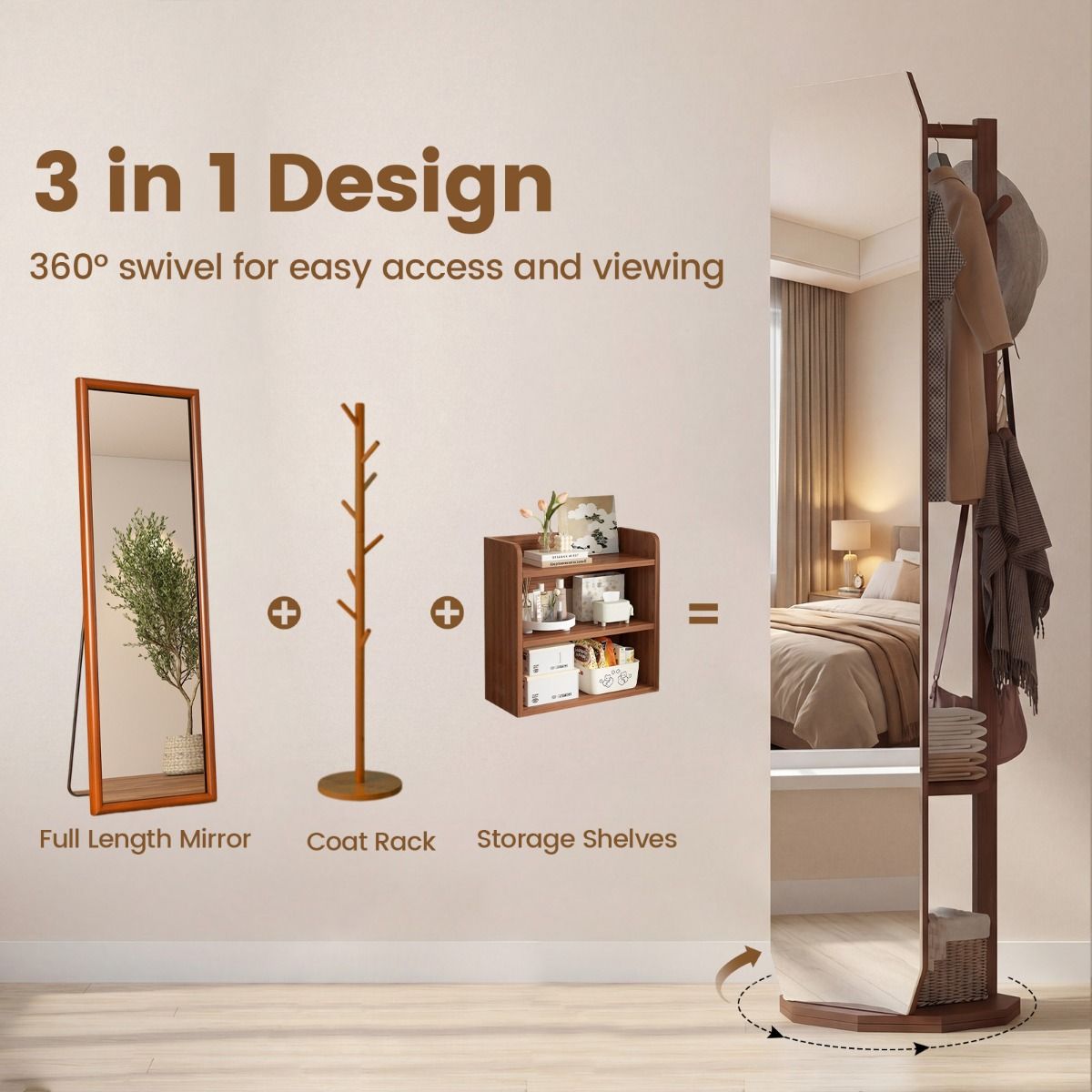 Coast Ganzkörperspiegel mit Ständer – 3-in-1-Garderobe – um 360° drehbar – Walnuss