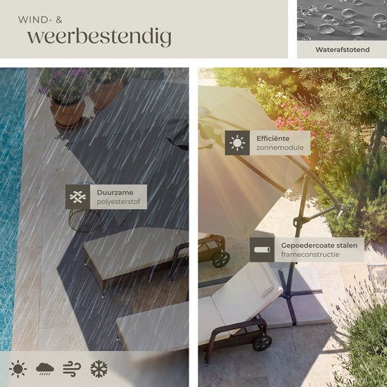tectake® Schwebeschirm mit Sockel – 3,5 x 3,5 m – Gartenschirm mit solarbetriebener LED-Beleuchtung – schwenkbar – wasserabweisendes Polyester mit UV-Schutz – inklusive Schutzhülle – grau