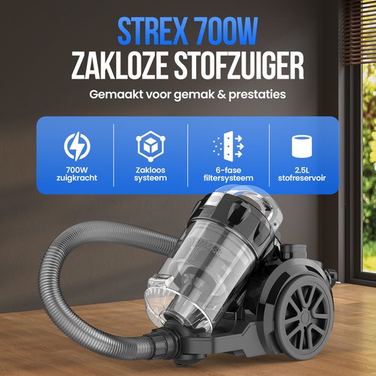 Strex Beutelloser Staubsauger - 700W Leistungsstarker beutelloser Staubsauger - HEPA Filter - 2.5L Staubbehälter - Extra langes Kabel - Inklusive 4 Aufsätze