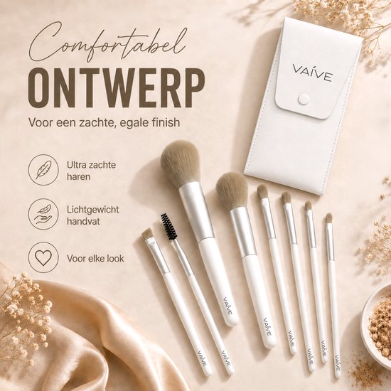 Vaive Make-up-Pinsel-Set, 9-teilig – vegane Pinsel – Pinsel für Foundation, Lidschatten, Rouge, Kabuki und Bronzer – mit Etui – Weiß