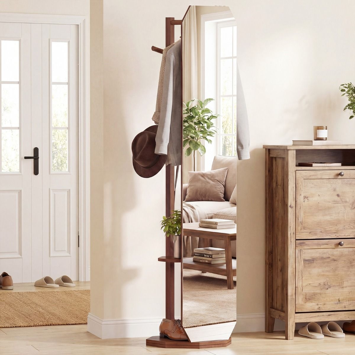 Coast Ganzkörperspiegel mit Ständer – 3-in-1-Garderobe – um 360° drehbar – Walnuss