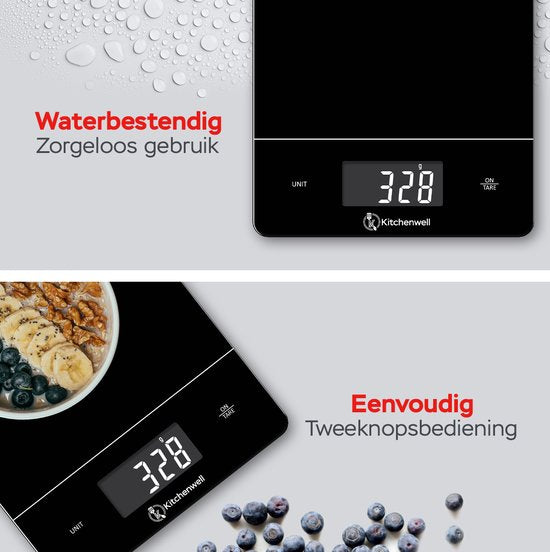 Kitchenwell Digitale Präzisions-Küchenwaage - Waage Küche - 1gr - 15kg - Tara-Funktion - USB wiederaufladbar - Schwarz