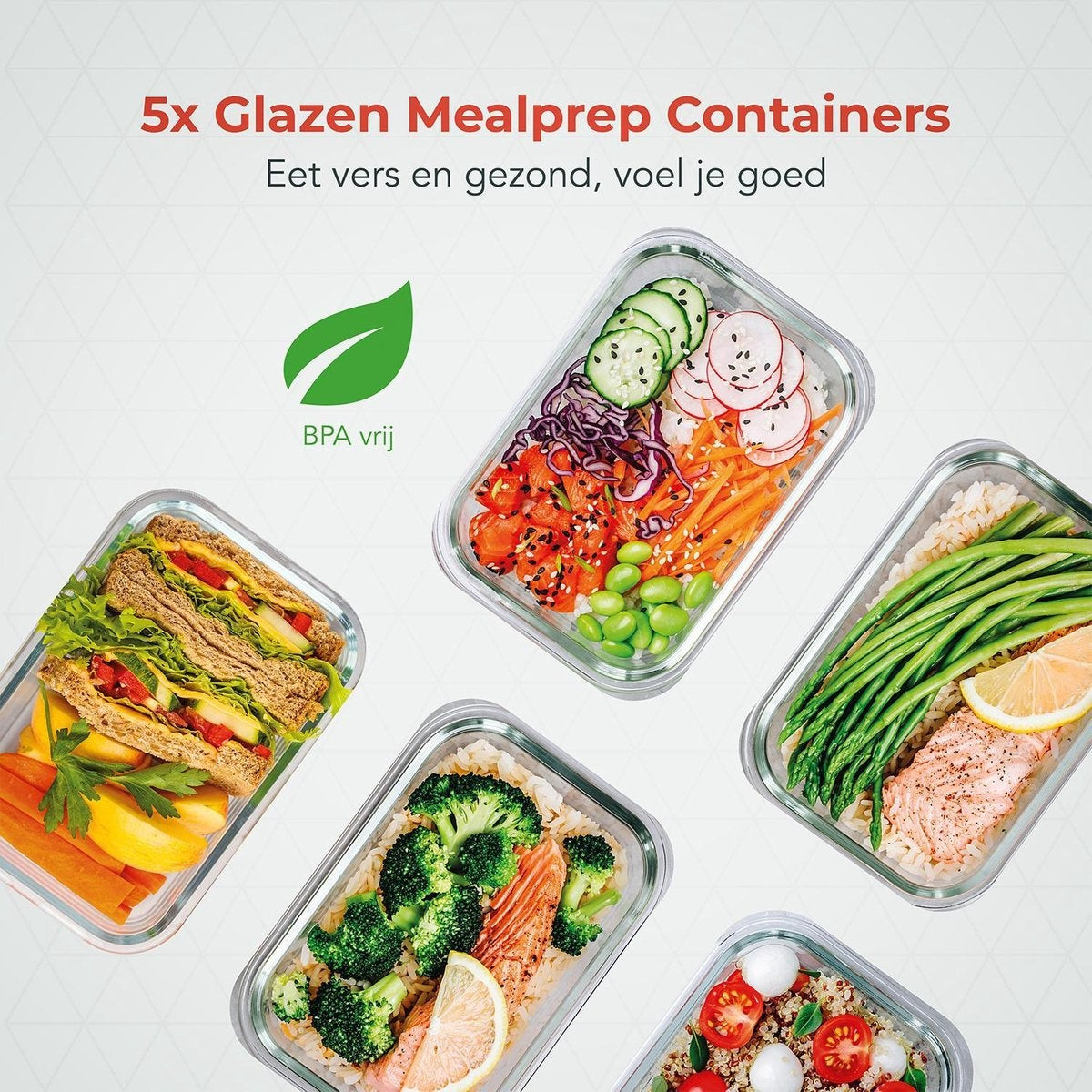 KitchenBrothers Meal Prep Trays - Frische-Schalen-Set - luftdicht - BPA-frei - 1L - Glas - 5 Stück