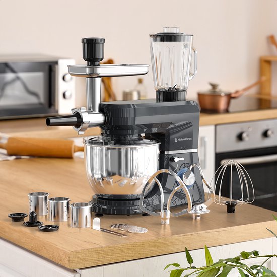 KitchenBrothers Küchenroboter - 6-in-1 Küchenroboter - 1500W - Mit Fleischwolf, Mixer und 15 Zubehörteilen - 6,2L Edelstahlschüssel - Anthrazit