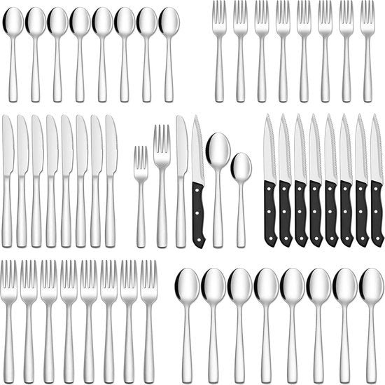 Deleca 8 Personen Besteck-Set (48 Teile) - Löffel, Messer, Gabeln & Steakmesser - spülmaschinenfest - Silber/Edelstahl