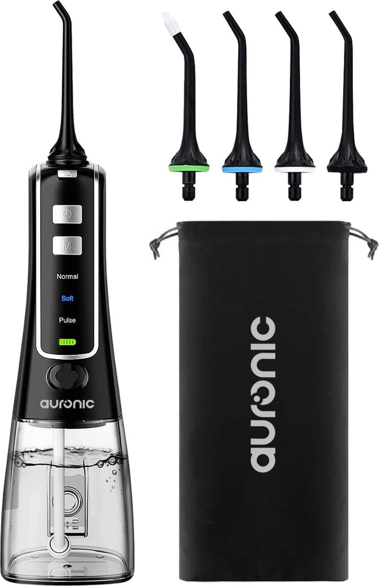 Auronic Water Flosser - Elektrisch - Munddusche Zahnzwischenräume - 3 Stufen - 4 Düsen - 300 ml - Schwarz