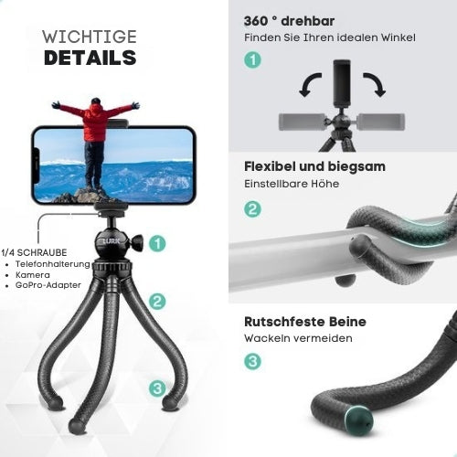 LURK® - 3 in 1 Flexibles Octopus-Stativ Stativ - für Smartphone & (Action-)Kamera - Inkl. Telefonklemme und Bluetooth-Fernbedienung - 25 cm