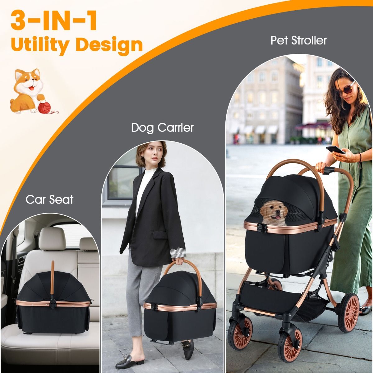 Coast Haustier-Buggy 3-in-1 – Zusammenklappbar – Abnehmbarer Korb – Schwarz 89 x 61 x 101 cm
