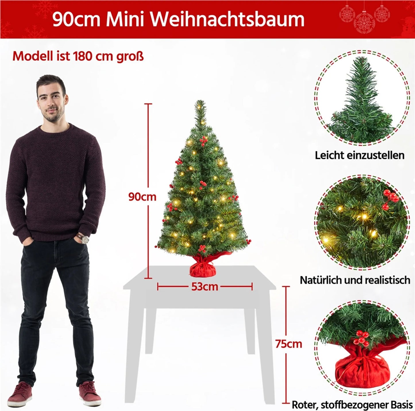 Yaheetech Tisch-Weihnachtsbaum mit Lichtern - 48 x 48 x 90 cm - Ausgestattet mit 50 LED-Lichtern und 60 roten Beeren und Betonsockel mit rotem Tuch - Für Sideboard und Büro - Grünes PVC und Beton