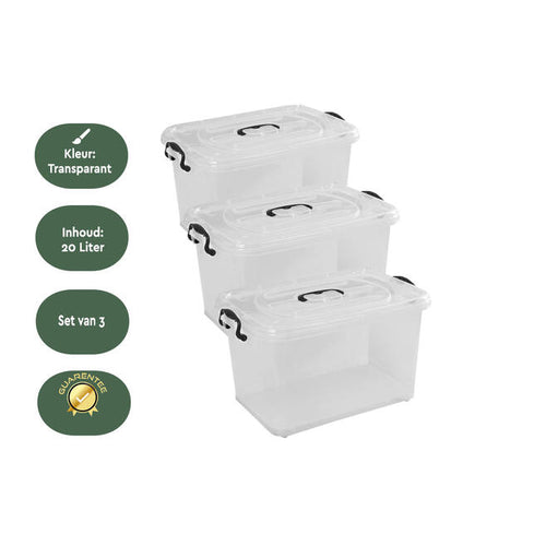 BRASQ Aufbewahrungsboxen 3er-Set - 20 Liter - Transparent - 39x29x18 cm - Stapelbare Aufbewahrungsboxen aus Kunststoff