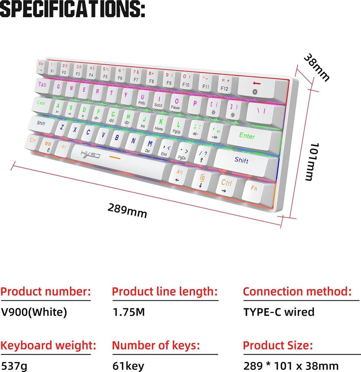 HXSJ V900 - Mechanische Gaming-Tastatur - RGB-Beleuchtung - Ergonomisch - QWERTY - 61 Tasten - blauer Schalter - Weiß