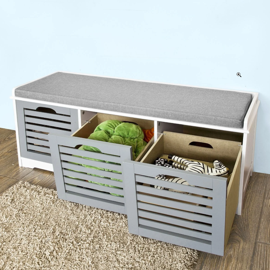 SoBuy FSR23-HG Moderne Schuhbank - 3 Körbe - 35 x 105 x 43 cm - Weiß/Grau