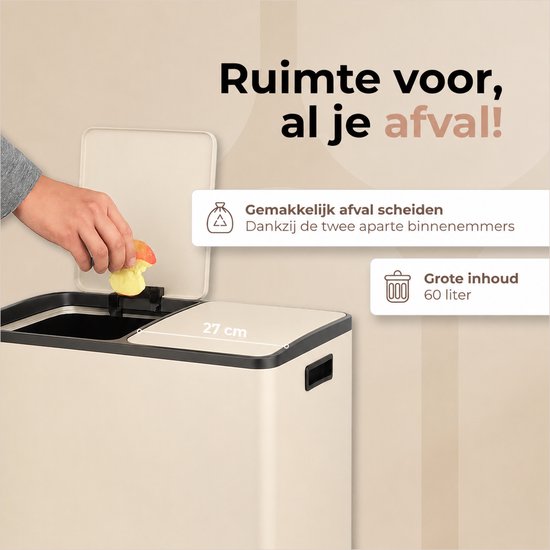 O'DADDY® Mülleimer – Abfallbehälter – Mülleimer 60 Liter – Tretmülleimer – Mülltonne – Mülleimer mit 2 Fächern - Mülleimer mit Mülltrennung – Abfallbehälter mit Mülltrennung – 2 Inneneimer – Soft-Close – Inklusive 15 Müllbeutel – Beige