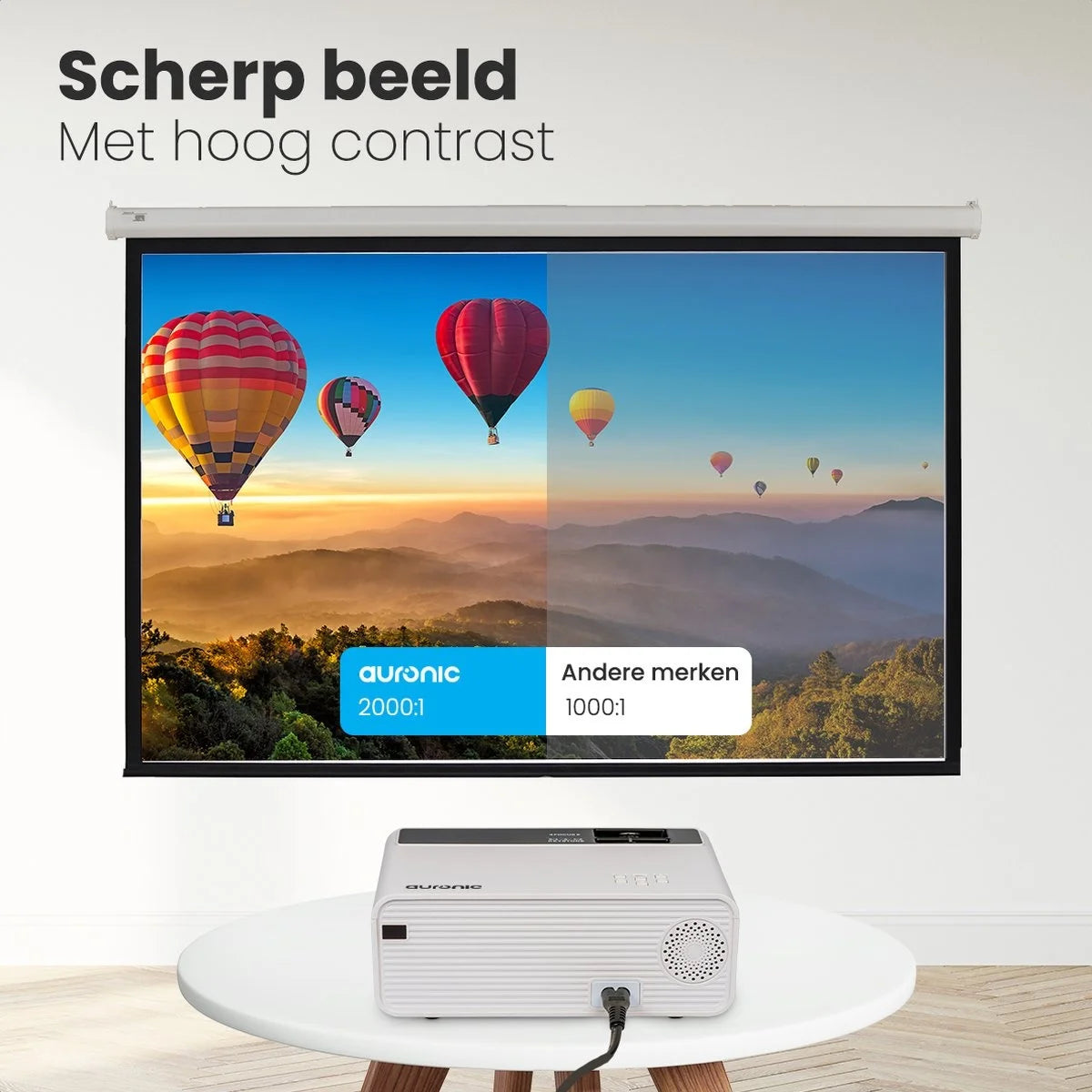 Auronic Mini Beamer - 4500 Lumen - WiFi - 200-Zoll-Projektor - HD ready - HDMI-Kabel, Fernbedienung und Tragetasche - Weiß
