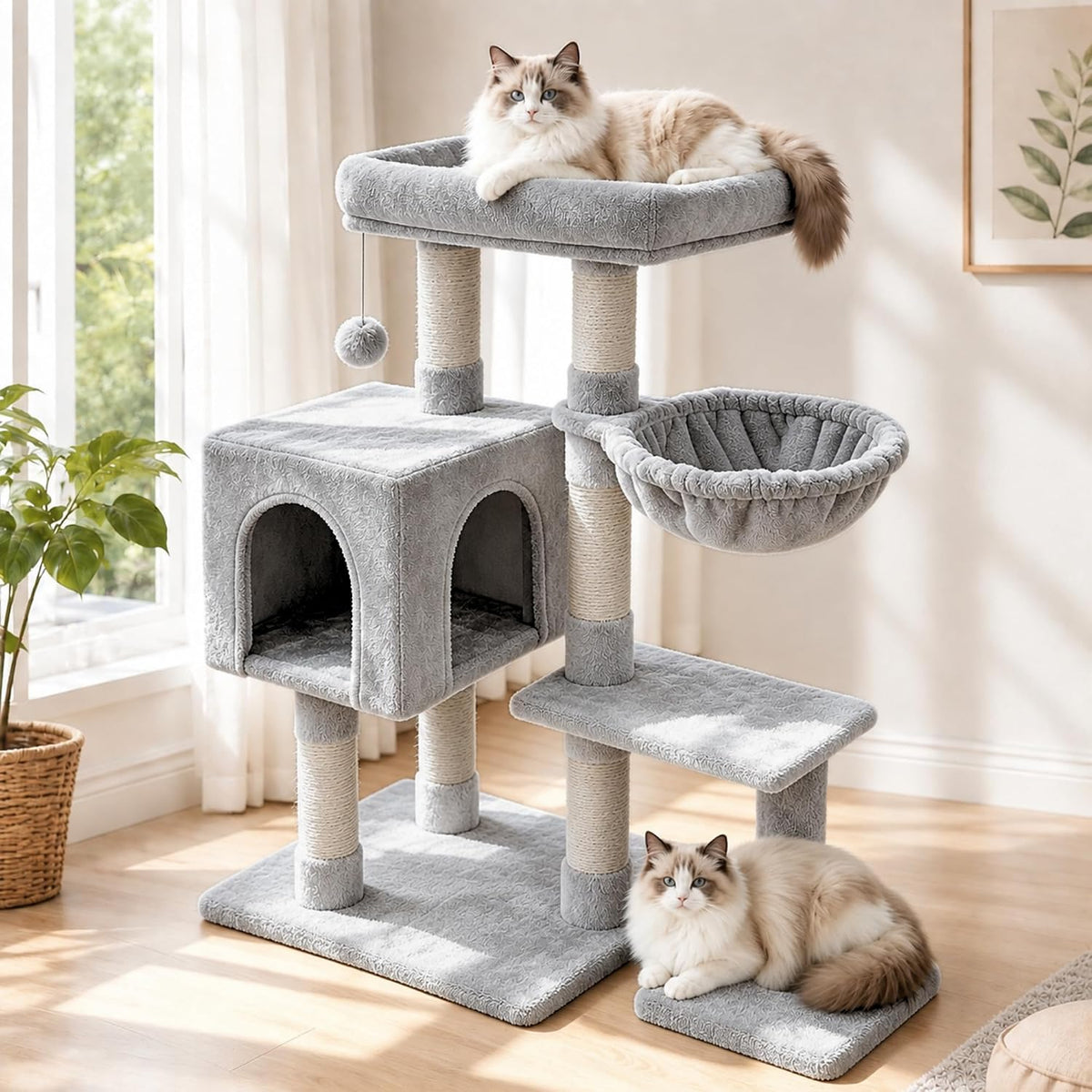 Yaheetech Kratzbaum 96,5 cm – Geräumiges Katzenhaus mit Kratzstämmen, Spielbereichen und Raumschiff – Beige