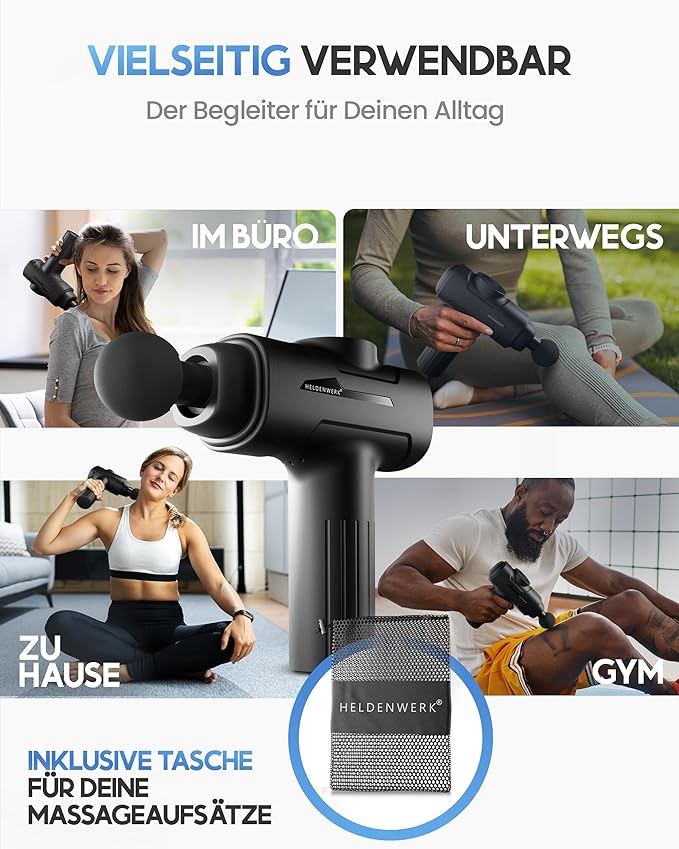 HELDENWERK Massage Gun mit 6 Aufsätzen - 3200 U/min, USB-C, Muskelmassagegerät - Schwarz