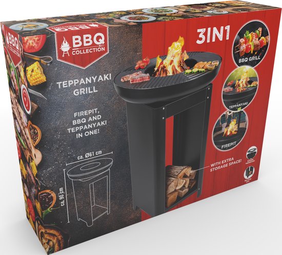 BBQ Collection - 3-in-1 Teppanyaki Grillplatte, BBQ, Feuerstelle - 61 x 90 cm - mit Brennholzaufbewahrung - Edelstahl Schwarz
